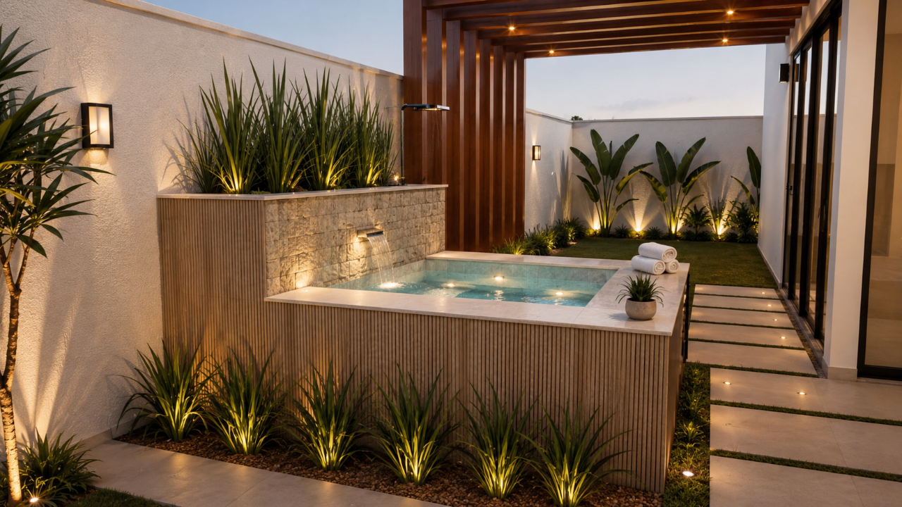 Piscina Linha Prime com pergolado de madeira e paisagismo iluminado