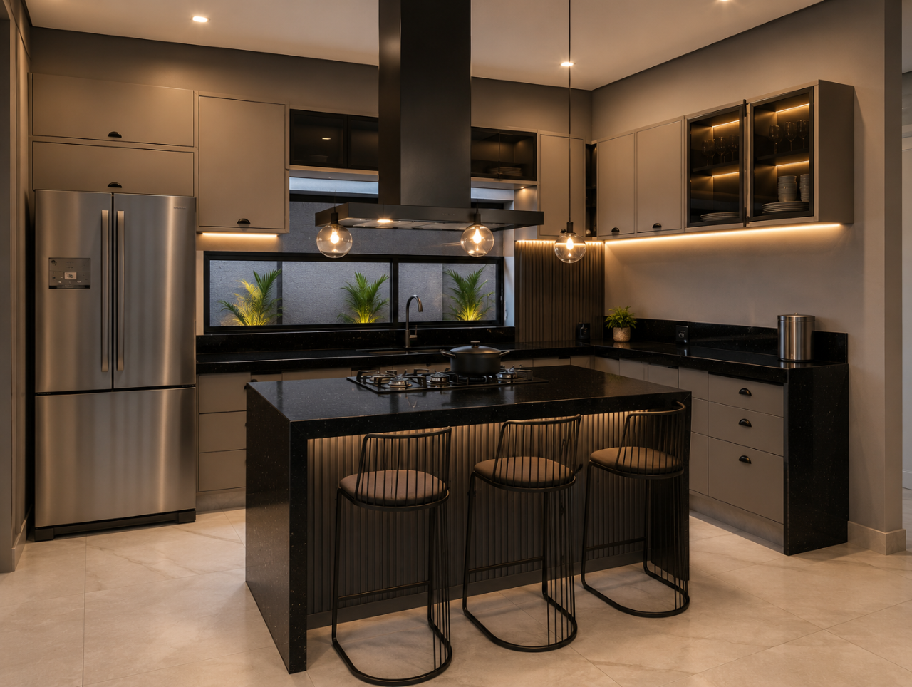 Cozinha Linha Prime com ilha em granito preto, coifa central e iluminação âmbar