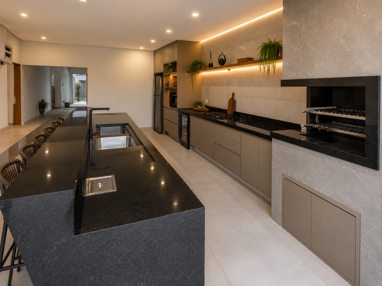 Cozinha e área gourmet integradas Linha Prime com bancada em granito preto, churrasqueira embutida e iluminação embutida