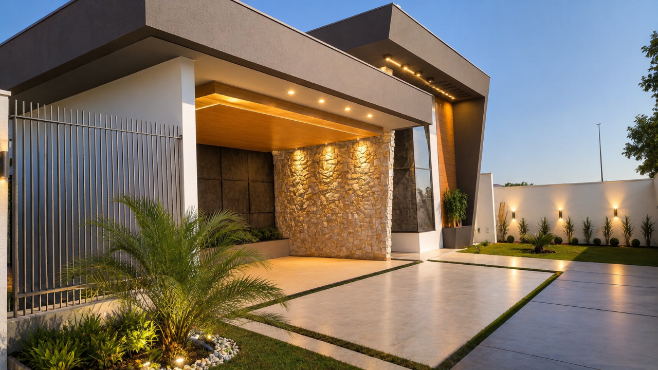 Fachada Linha Prime ao entardecer com paisagismo