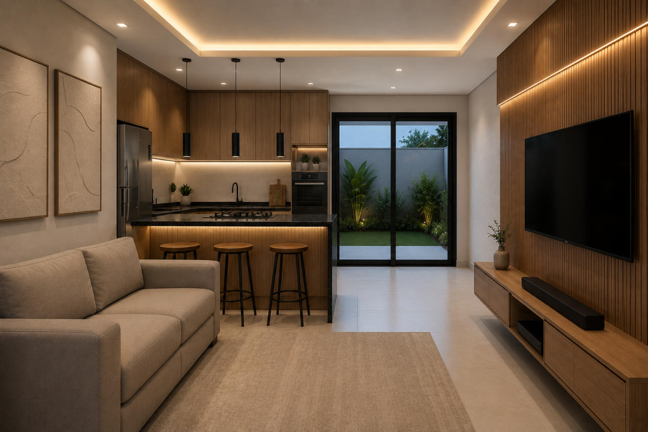 Sala integrada com cozinha, painel amadeirado e iluminação em sanca