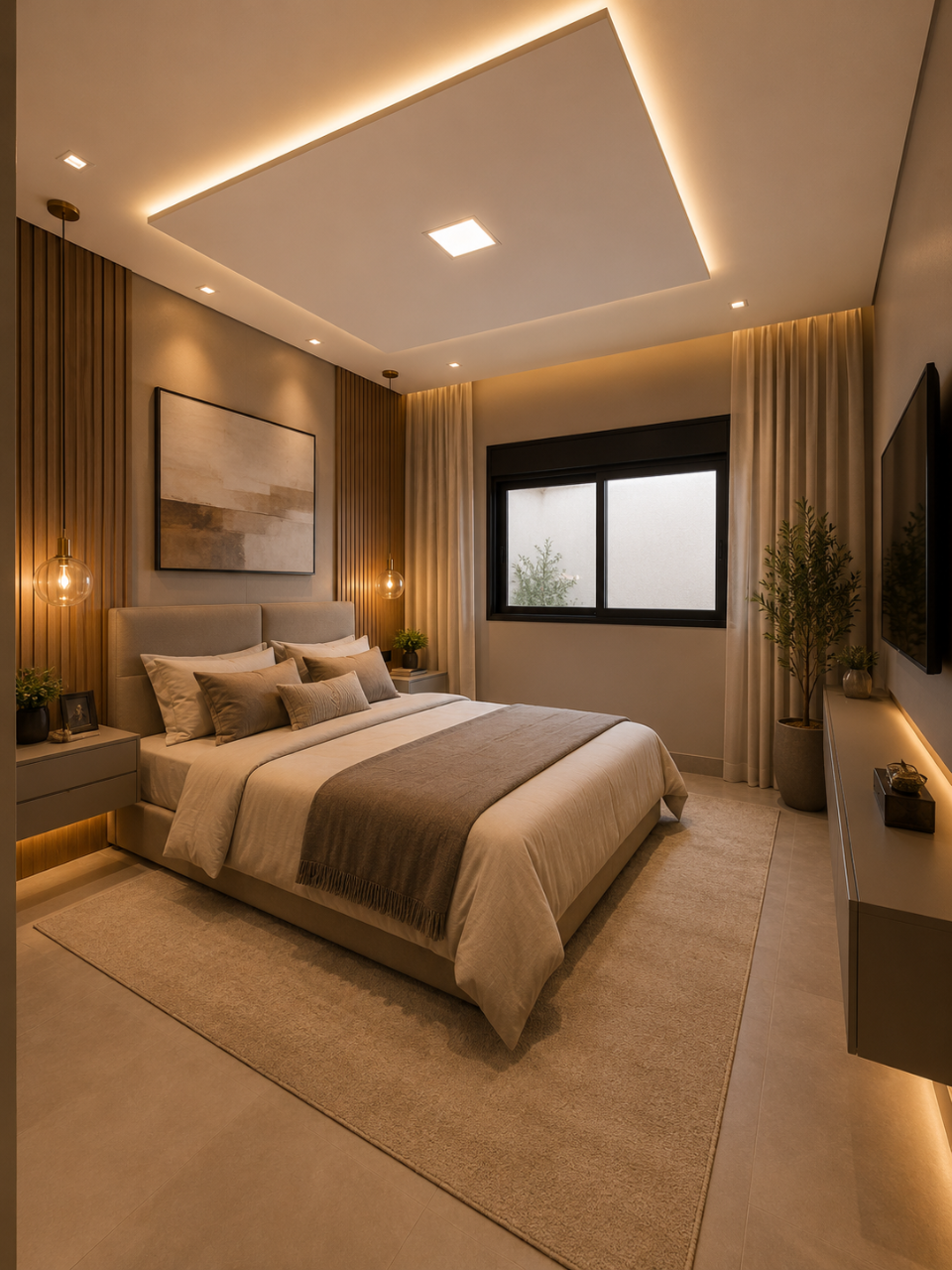 Suíte Linha Prime com sanca de gesso, iluminação em LED e painel ripado