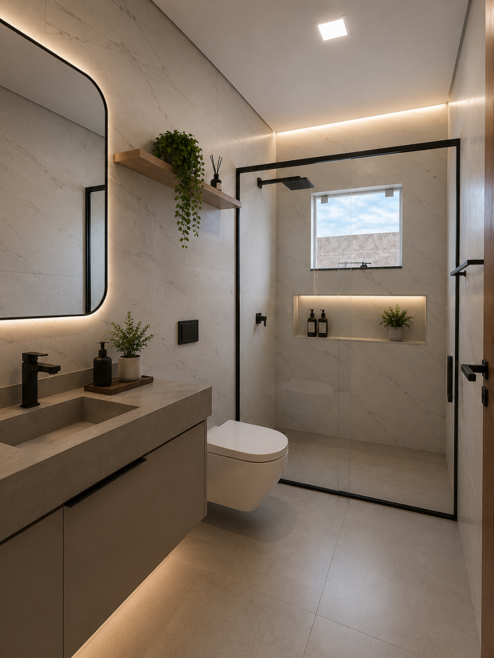 Banheiro premium com porcelanato marmorizado e iluminação em LED
