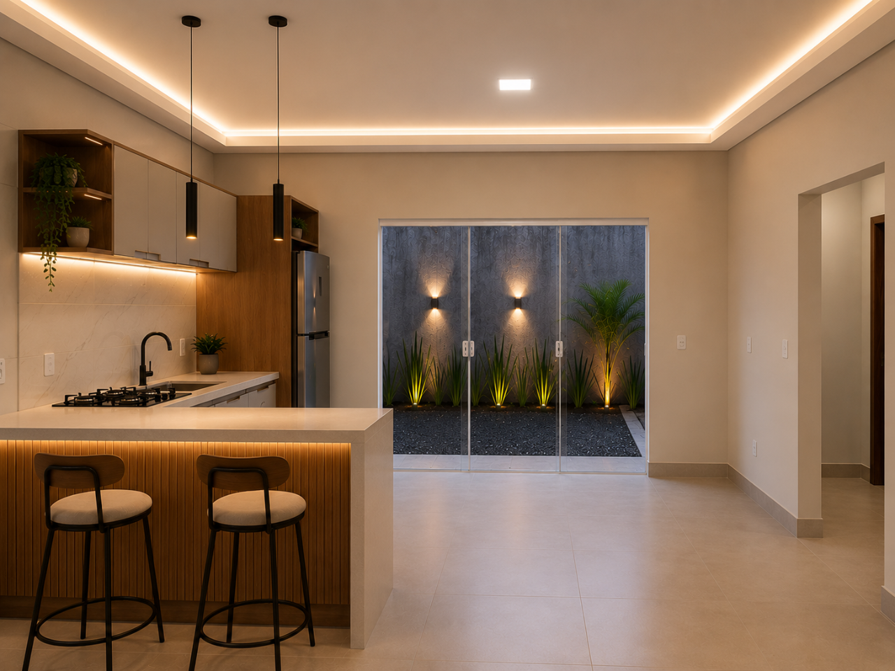 Cozinha integrada com iluminação indireta e área gourmet