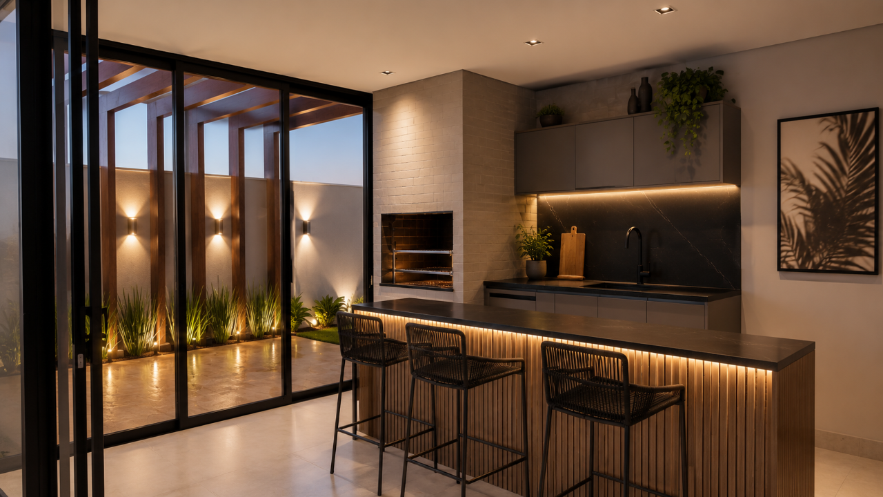 Área gourmet Linha Prime integrada ao jardim com pergolado de madeira, churrasqueira e bancada iluminada