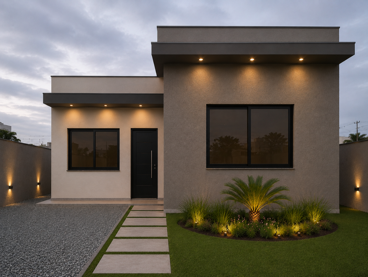 Fachada Linha Select ao entardecer com iluminação embutida e paisagismo